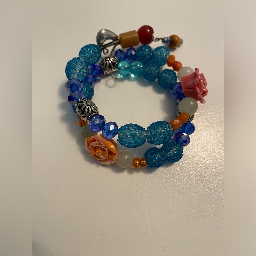 Hand Crafted Blue, Orange & Pink Beaded Floral Wrap Bracelet